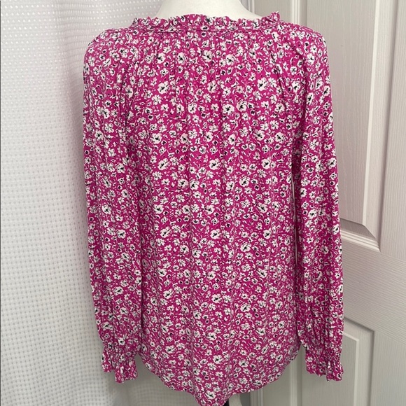 Bohemian Long Sleeve Blouse Pink with White Flowers Ruffles & Tie Front Size M - Picture 4 of 5
